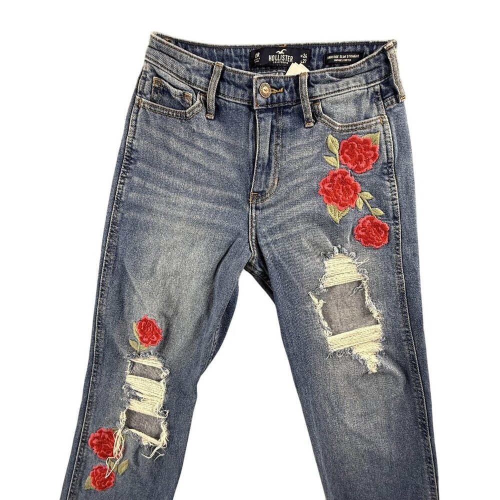 Hollister High Rise Slim Straight Jeans Women 0R Distressed Rose Embroidered Y2K - Picture 5 of 16